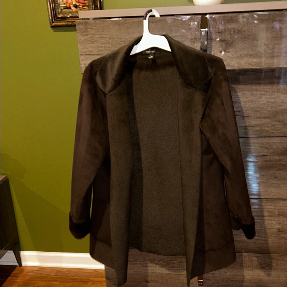 Karen Kane size M women's coat/tan faux suede coat/simple design warm faux s